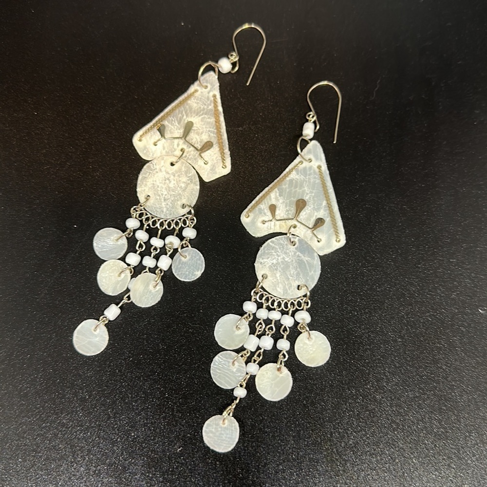 New white and alpaca metal earrings long light pony beads handmade delicate